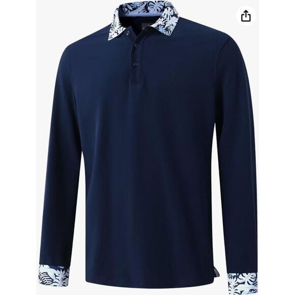 Men's Long-Sleeve Polo Shirt 3XL Hawaiian Print Collar, Cotton Blend, Casual Fit - Picture 3 of 5